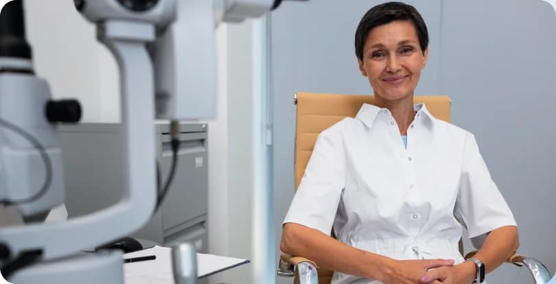 Une ophtalmologiste souriante dans son cabinet de consultation