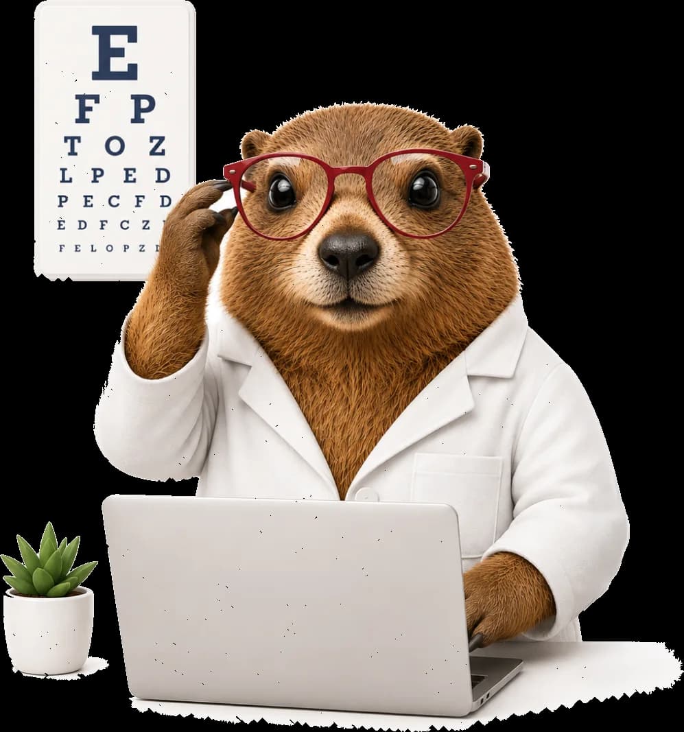 La mascotte Lyleoo en opticienne, devant une échelle d'acuité visuelle et un ordinateur portable