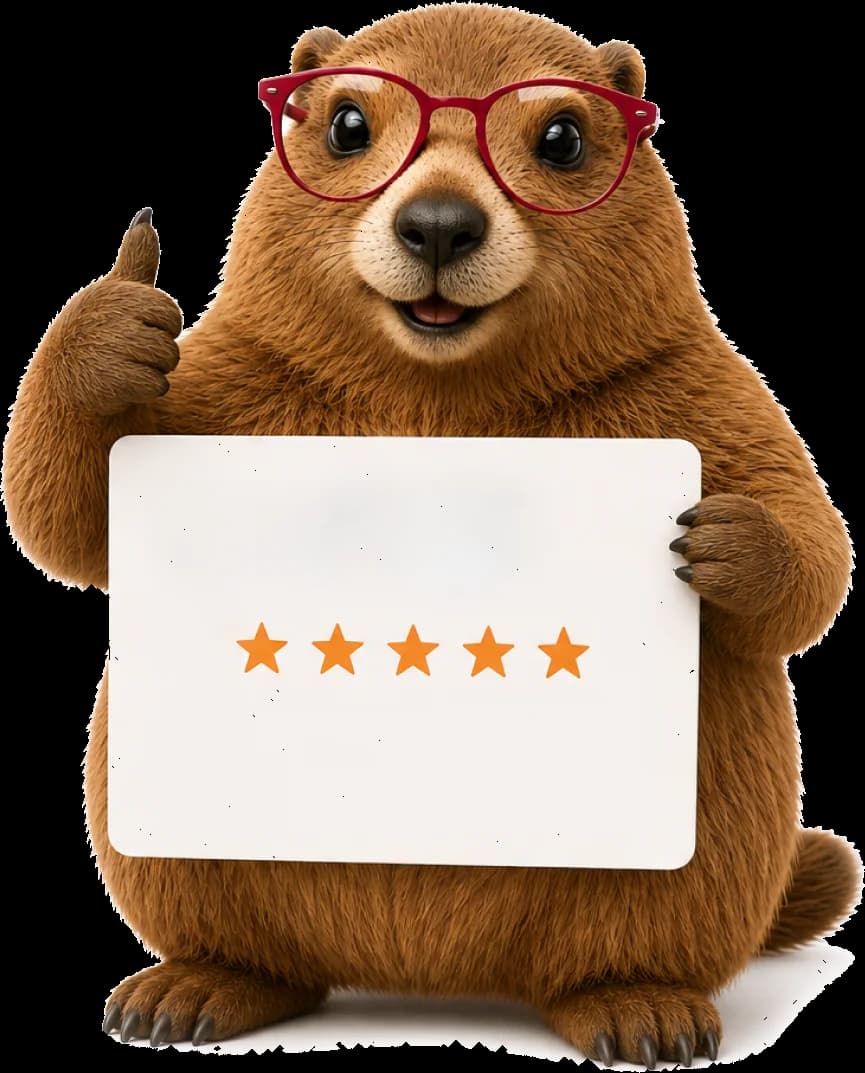 La mascotte Lyleoo, une marmotte à lunettes, présentant une note de cinq étoiles